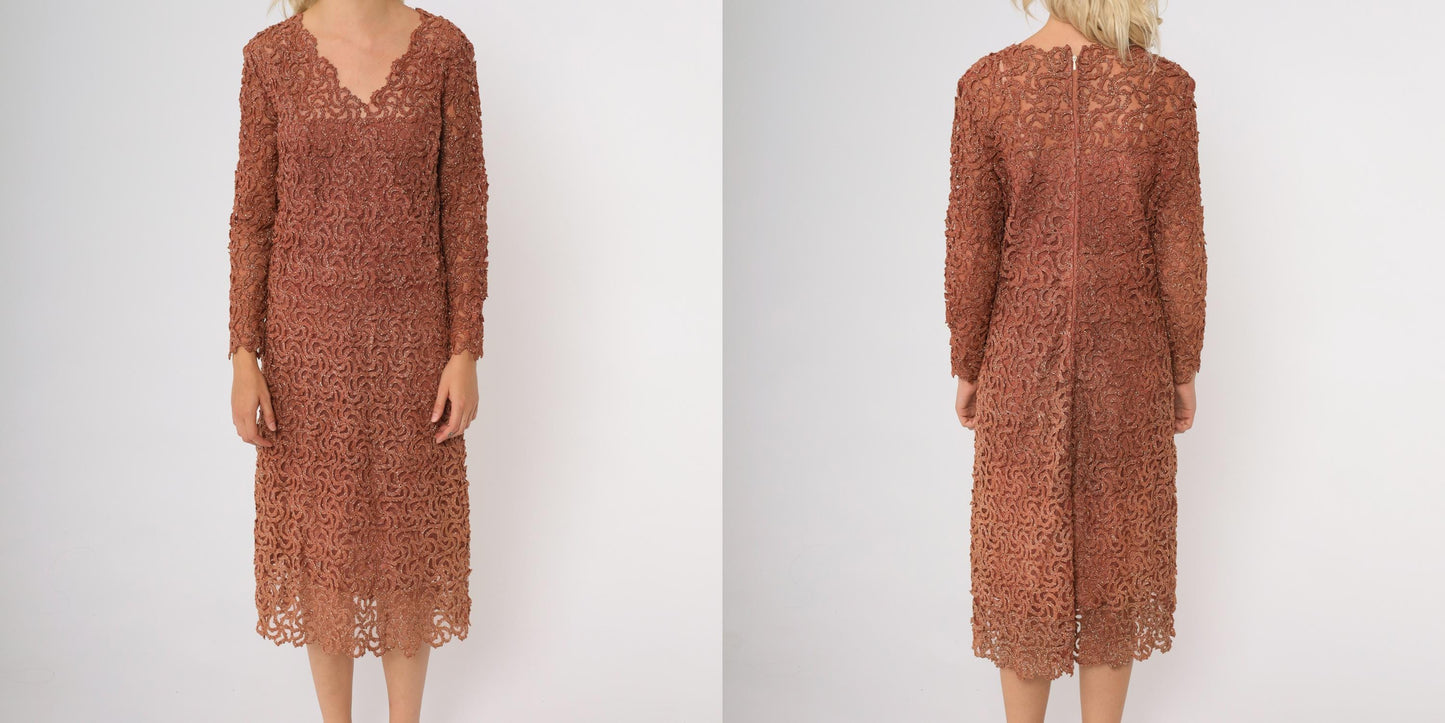 70s Copper Brown Metallic Lace Cocktail Dress Long Sleeve Scalloped Midi Medium