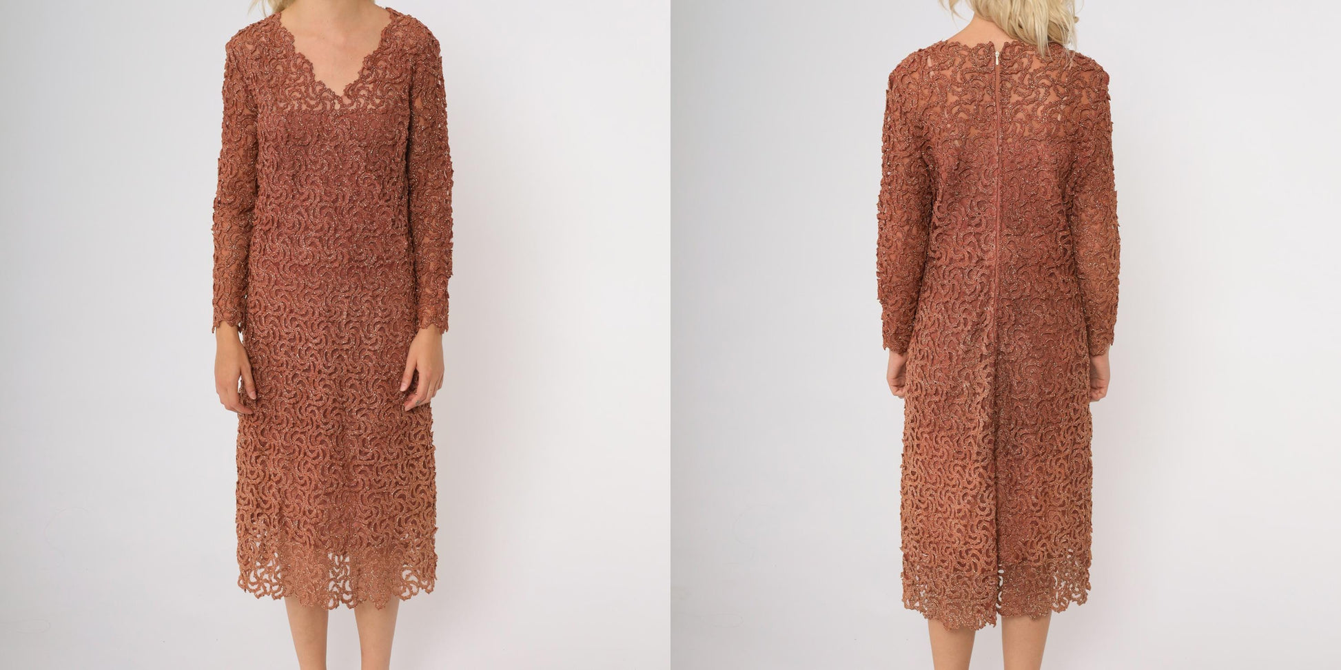 70s Copper Brown Metallic Lace Cocktail Dress Long Sleeve Scalloped Midi Medium