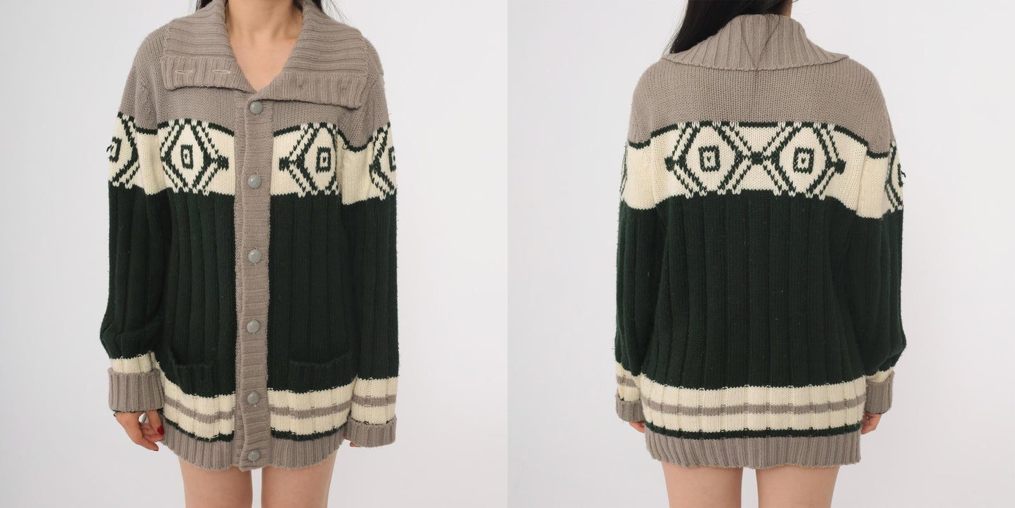 70s Sigallo Cardigan Sweater Taupe Green Diamond Shawl Collar Large L