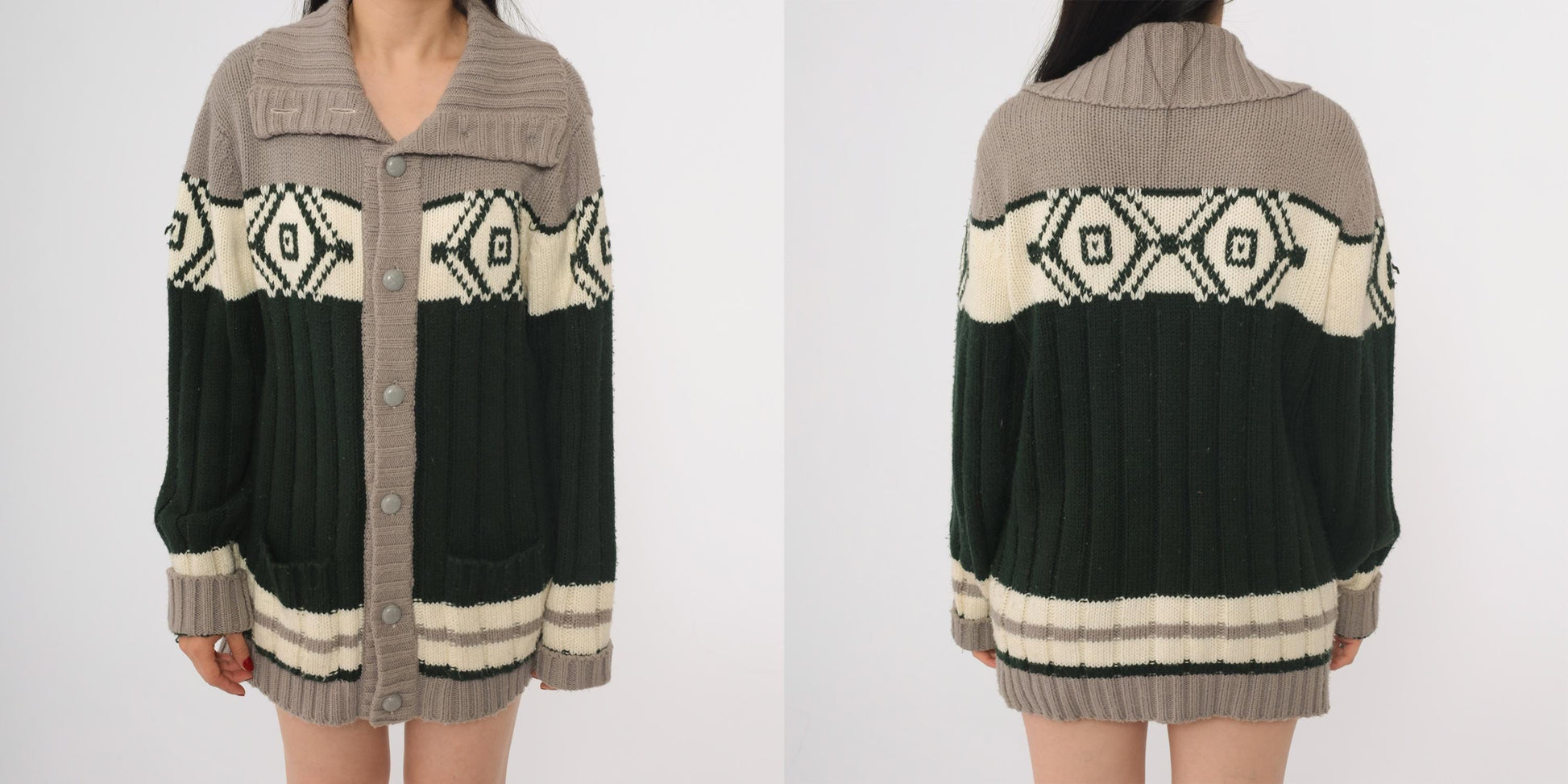 70s Sigallo Cardigan Sweater Taupe Green Diamond Shawl Collar Large L
