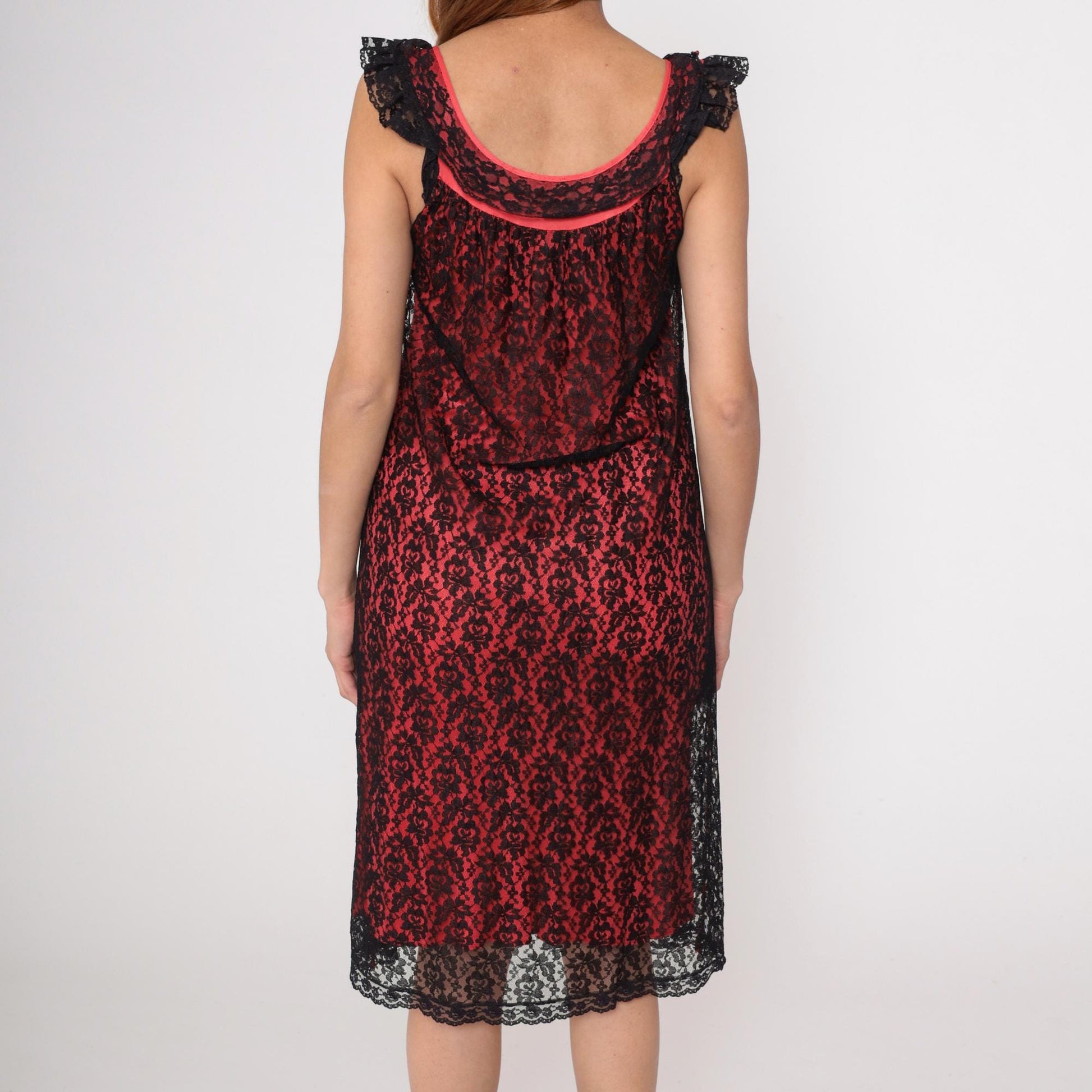 80s Red Black Lace Slip Dress Midi Sleeveless Scoop Neckline Medium M