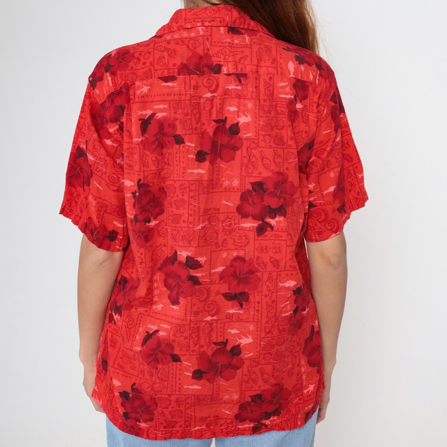 70s Hawaiian Shirt Red Floral Hibiscus Fish Print Cotton Button Up Medium