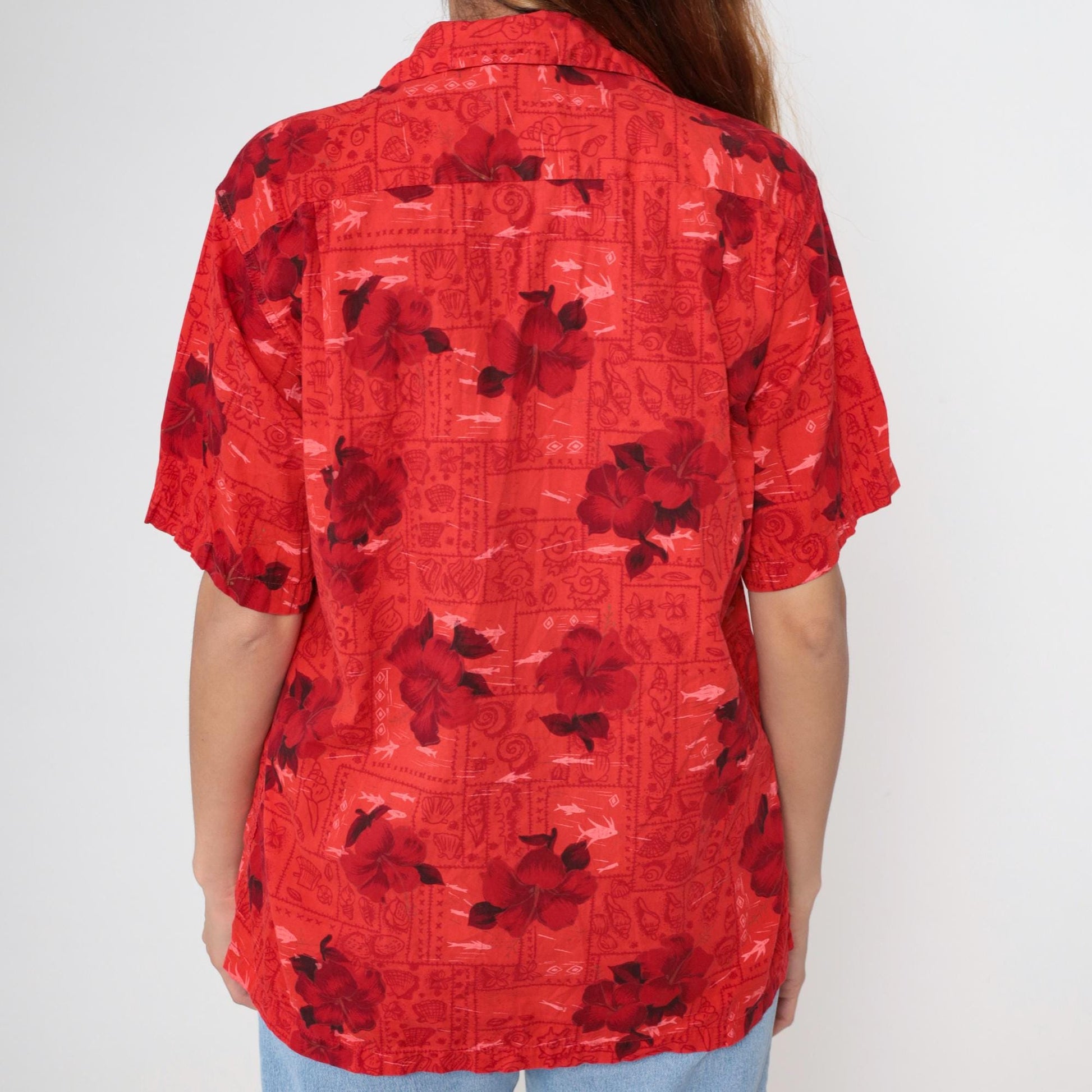 70s Hawaiian Shirt Red Floral Hibiscus Fish Print Cotton Button Up Medium