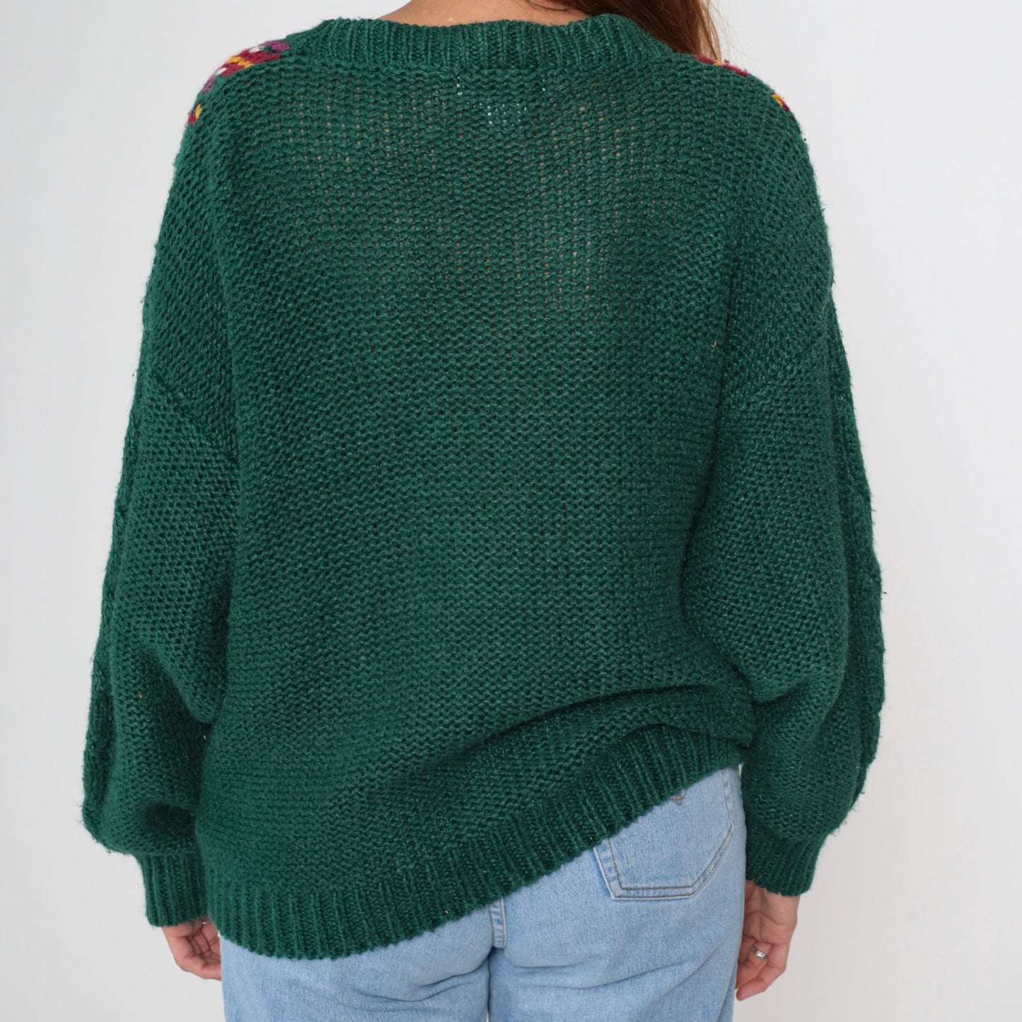 90s Contrasts Cable Knit Cardigan Forest Green Fair Isle V-Neck Medium M