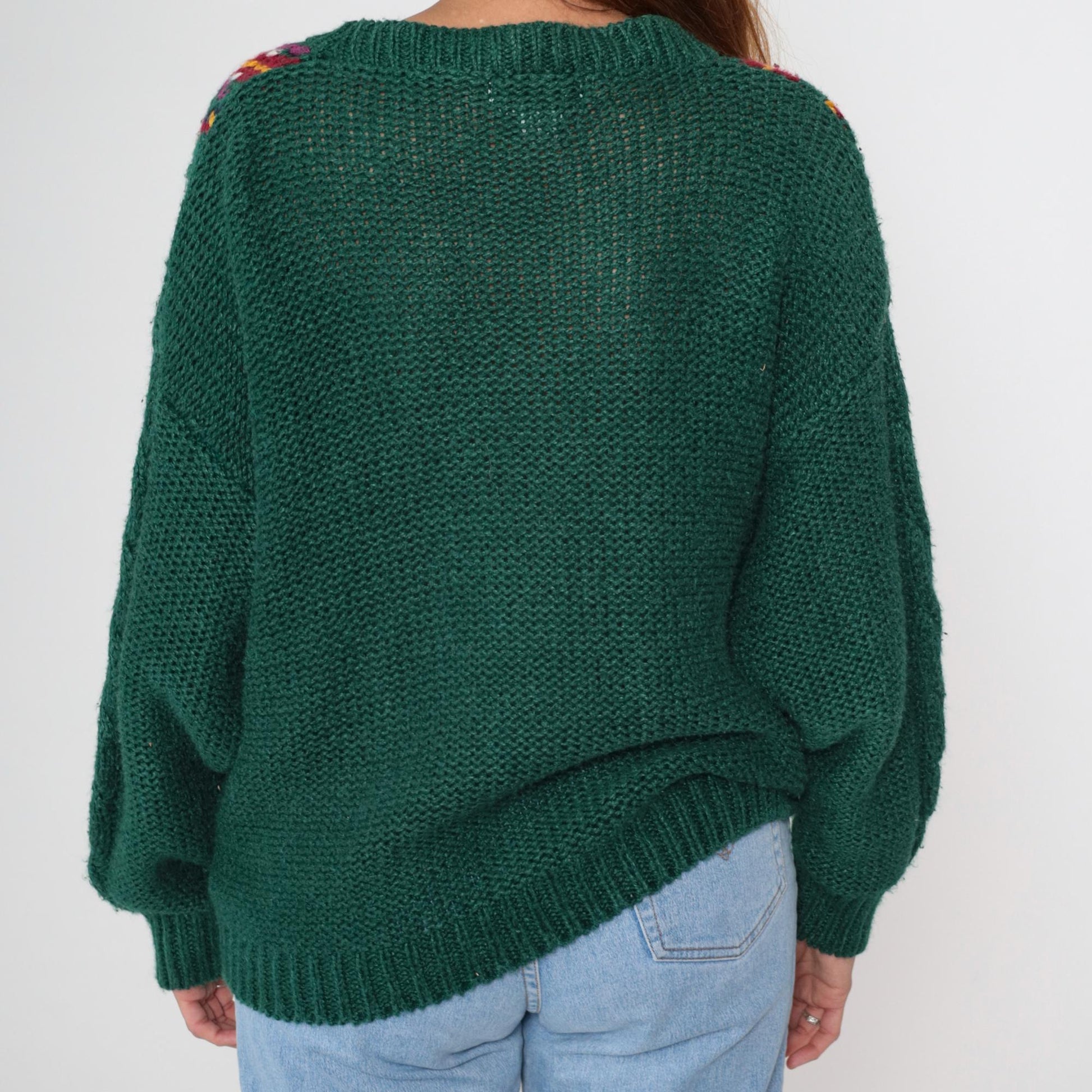 90s Contrasts Cable Knit Cardigan Forest Green Fair Isle V-Neck Medium M