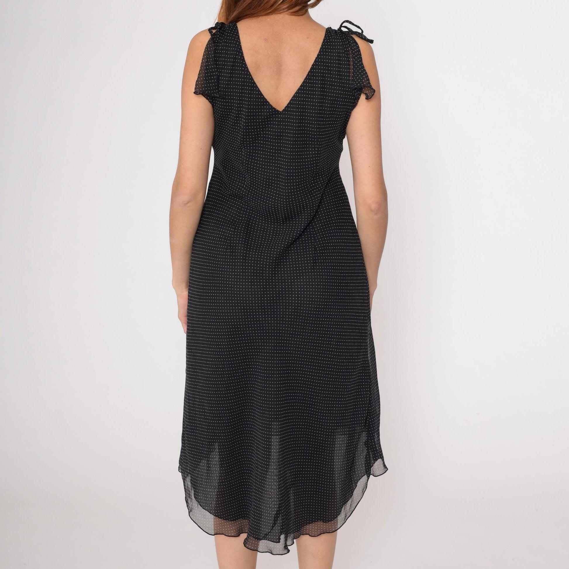 90s Black Swiss Dot Midi Dress Sleeveless V-Neck Tie Shoulder Chiffon Medium