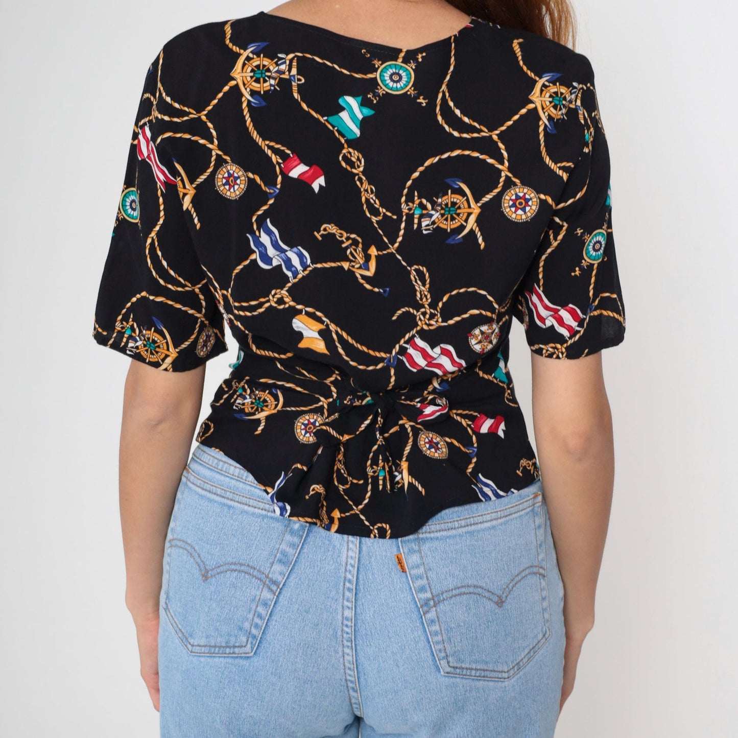 90s Kathie Lee Nautical Print Blouse Black Button-Front Short Sleeve Medium