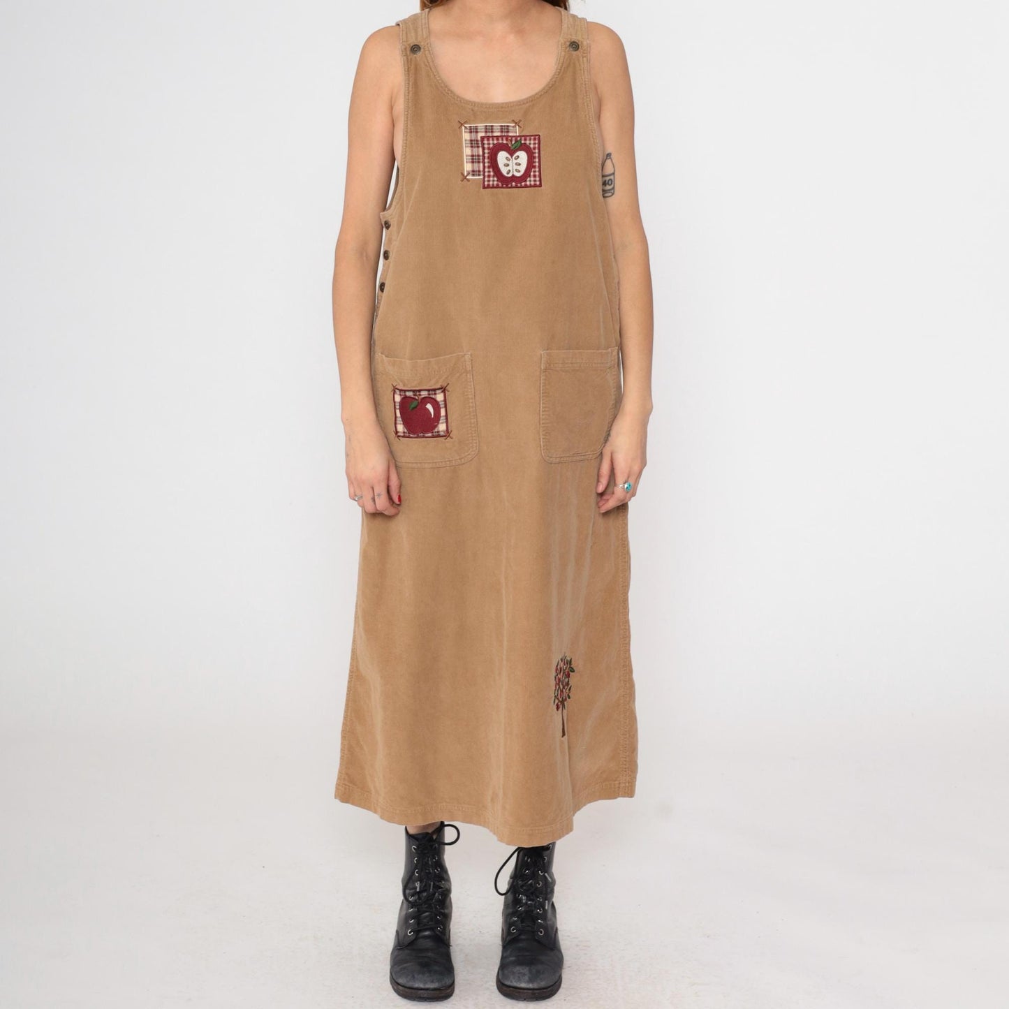 90s Mandal Bay Corduroy Jumper Dress Tan Apple Embroidery Maxi Large L