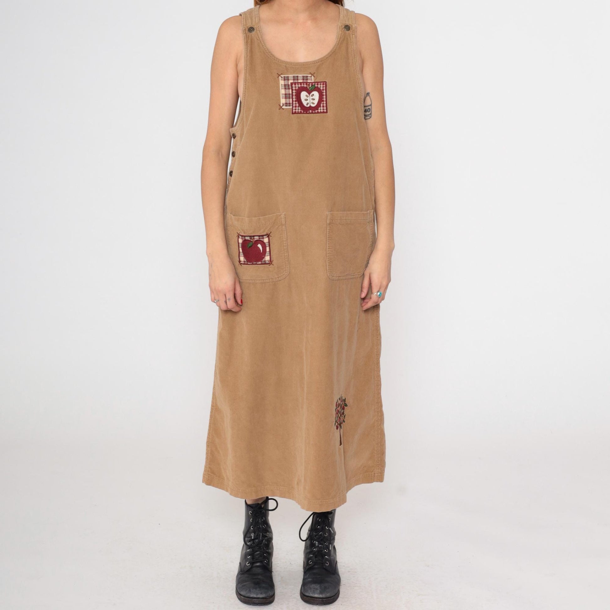 90s Mandal Bay Corduroy Jumper Dress Tan Apple Embroidery Maxi Large L