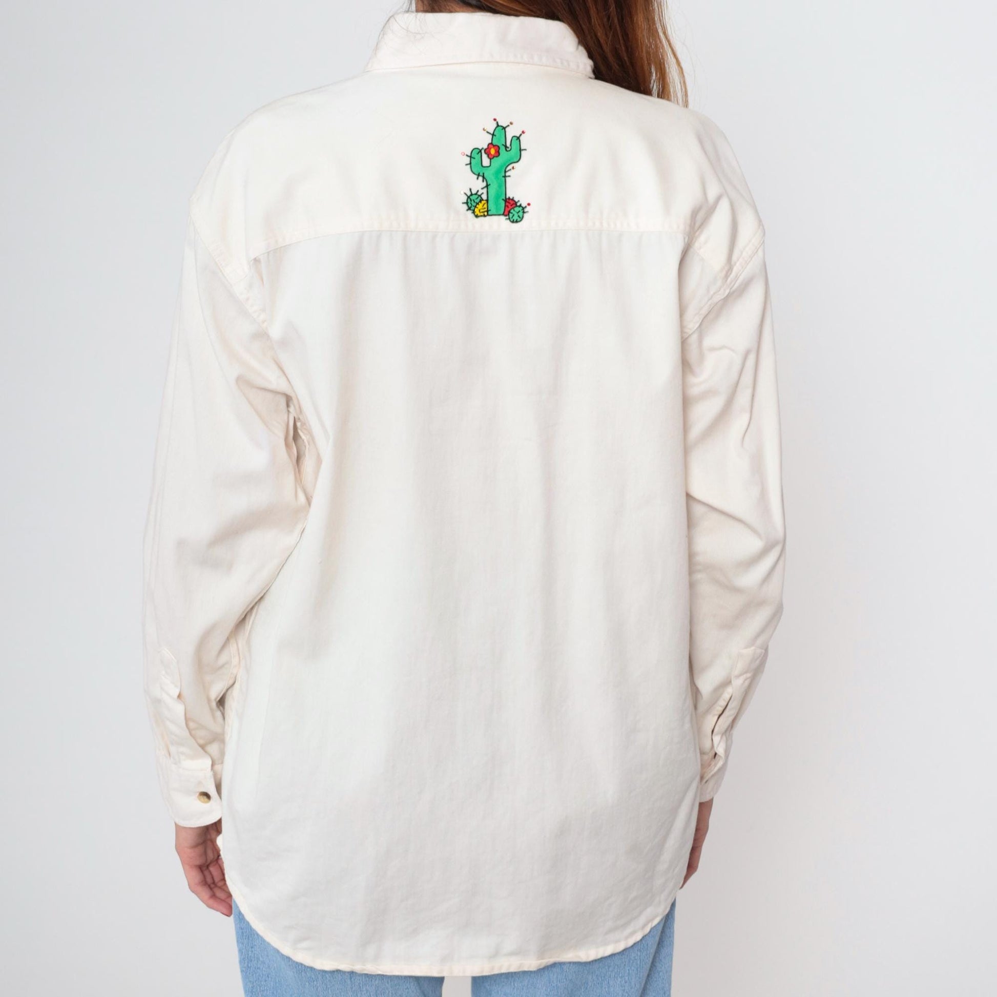 90s Pro Elite Cactus Gecko Embroidered Western Shirt White Cotton Large L