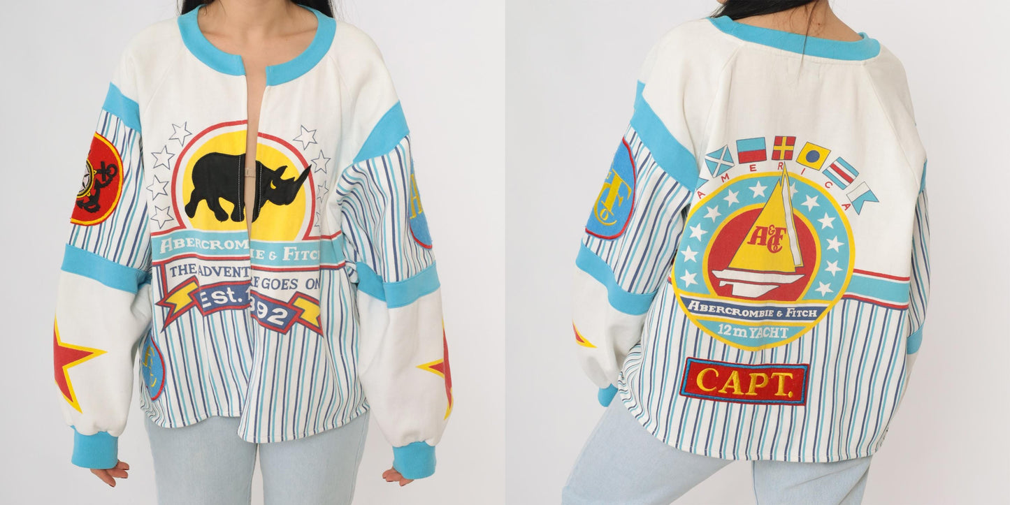 80s Abercrombie & Fitch Yacht Sailing Novelty Sweatshirt White Blue Striped Large