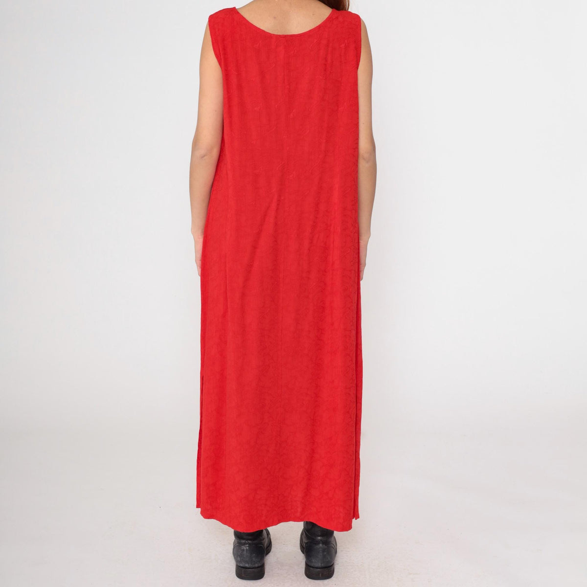 90s Red Rayon Maxi Dress Sleeveless Tank Column Large L