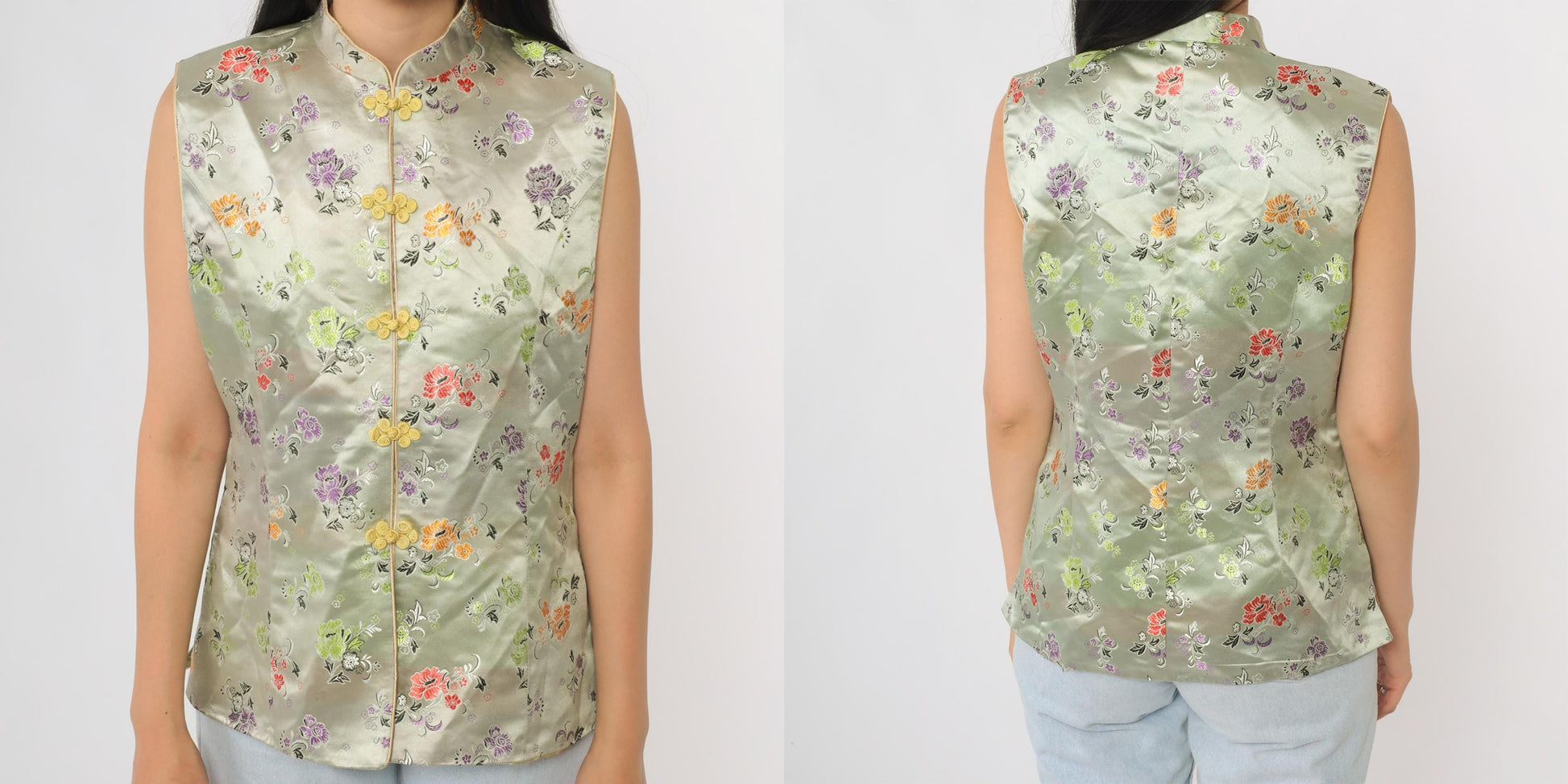 Y2K Sage Green Cheongsam Top Mandarin Collar Floral Embroidered Satin Small