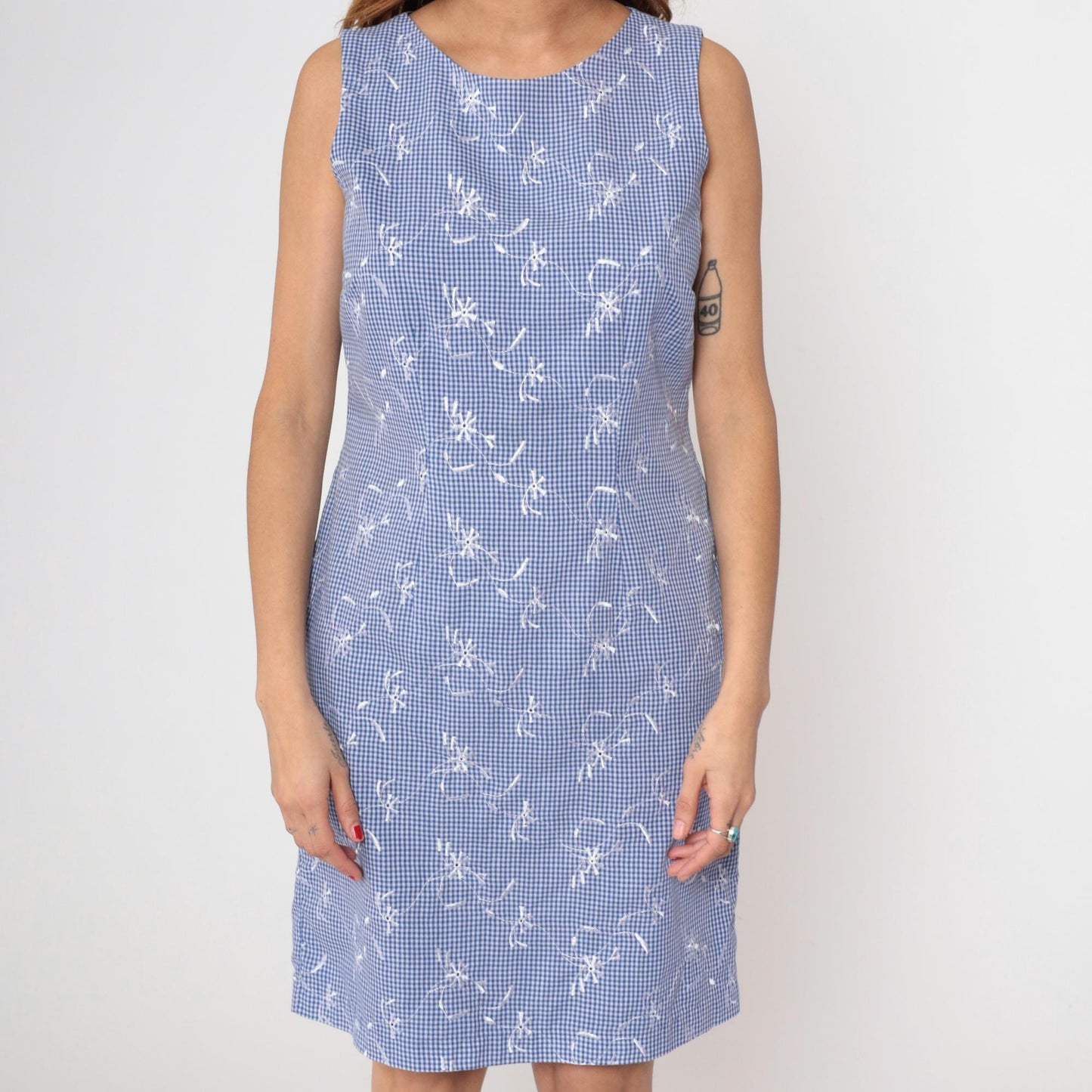90s Blue Gingham Mini Dress Embroidered Floral Sleeveless Scoop Neck Medium M
