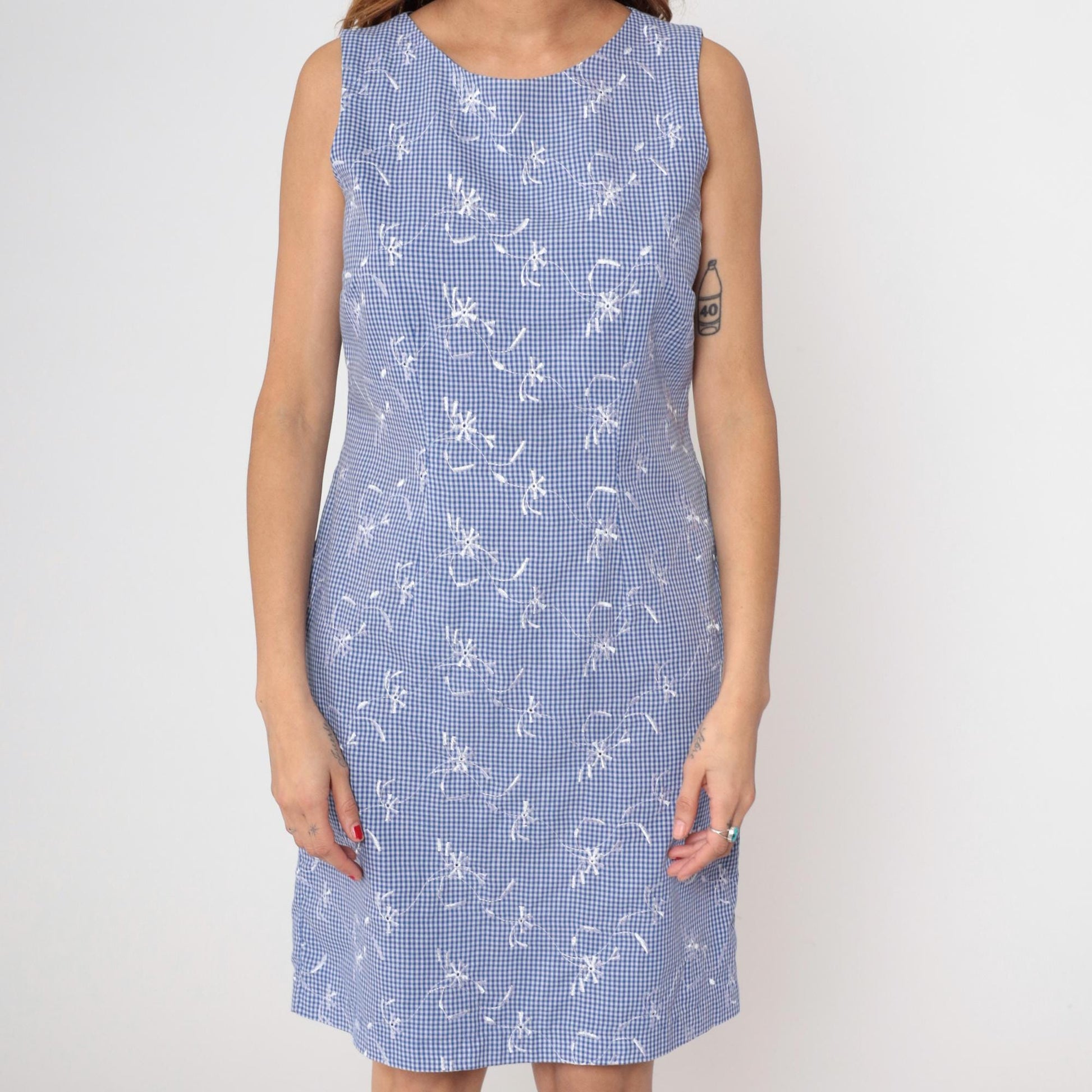 90s Blue Gingham Mini Dress Embroidered Floral Sleeveless Scoop Neck Medium M