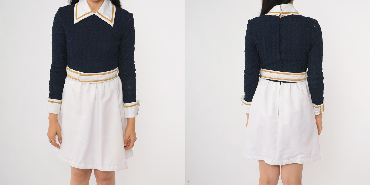 70s Navy Mini Dress Peter Pan Collar Gold Trim A-Line Long Sleeve Extra Small