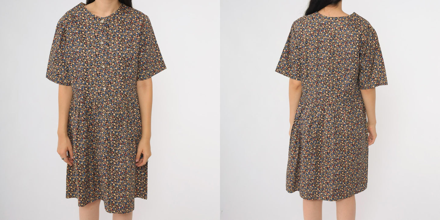 60s Navy Floral Mini Dress A-Line Button Front Short Sleeve Large