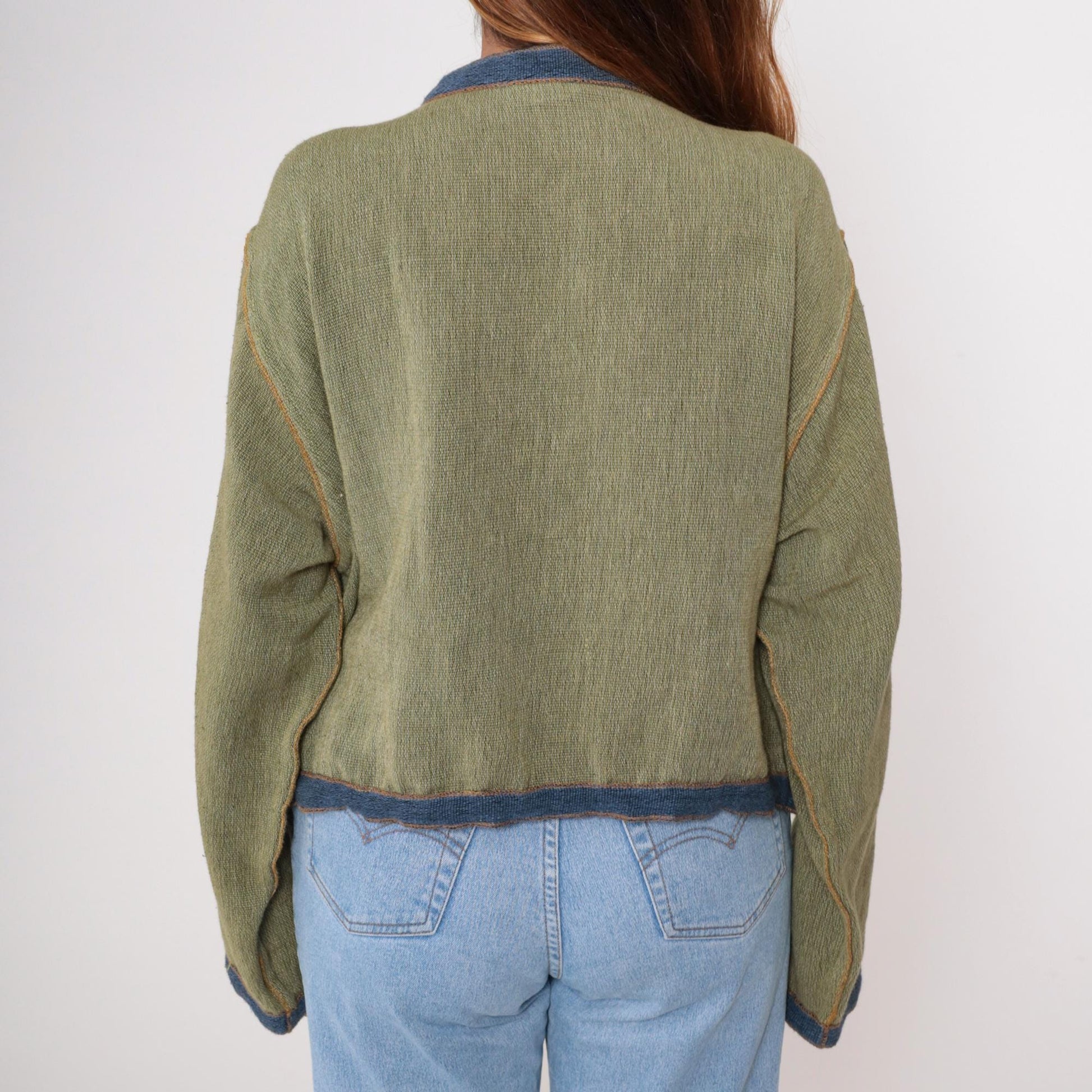 Y2K Tribe Green Cotton Cardigan Blue Trim Drawstring Waist Extra Large XXL