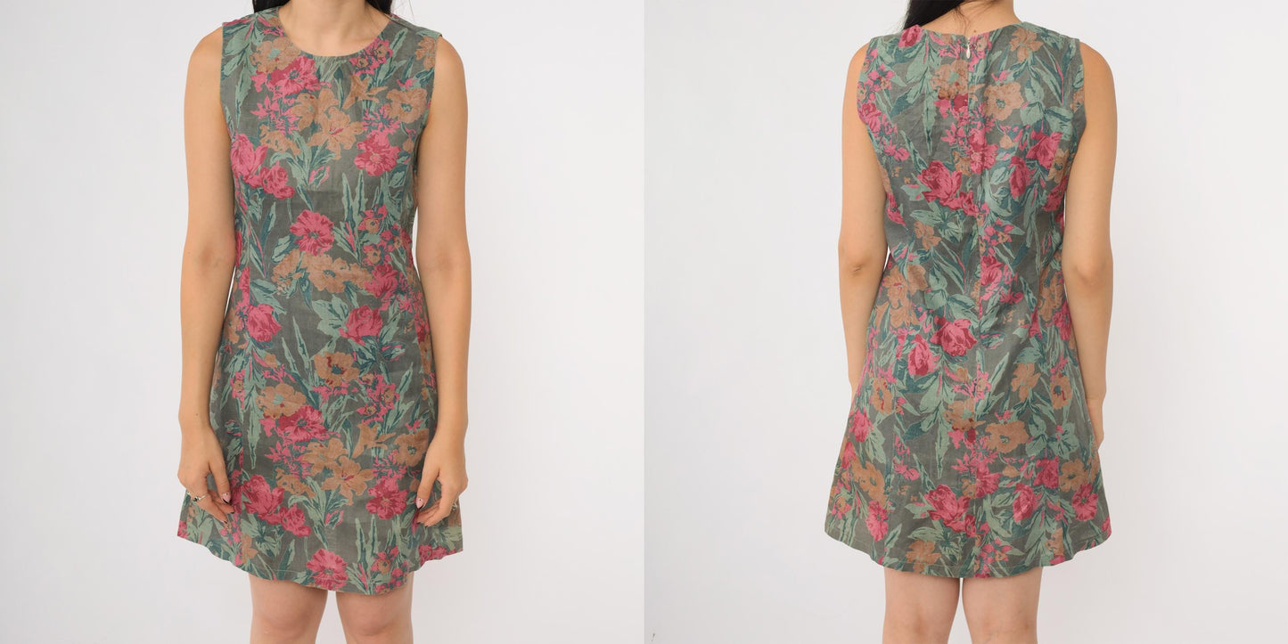 90s Floral Shift Dress Grey Green Pink Brown Botanical Midi Sleeveless Small