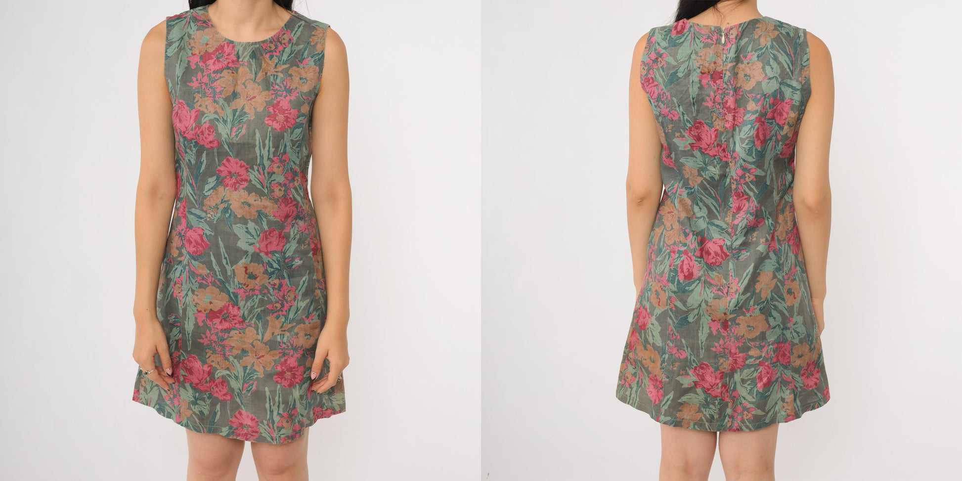 90s Floral Shift Dress Grey Green Pink Brown Botanical Midi Sleeveless Small