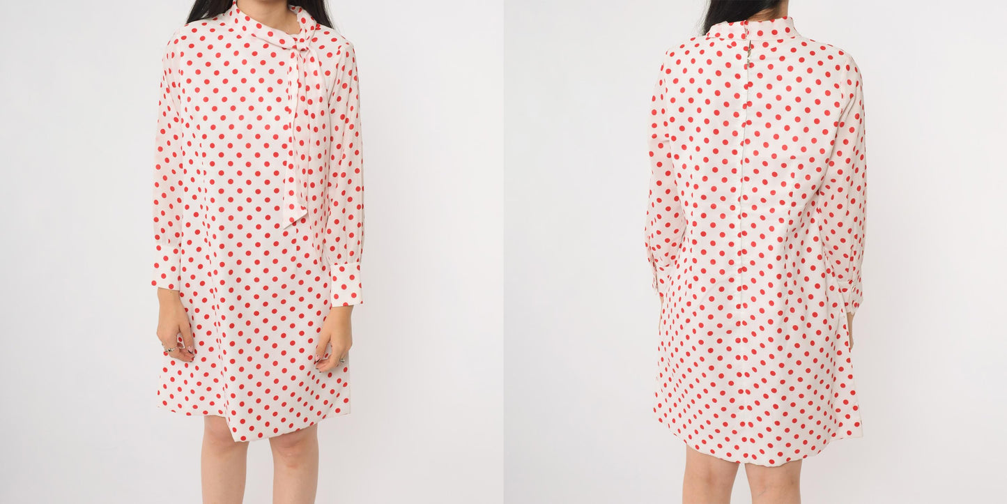 60s Mod Polka Dot Mini Dress Ascot Bow Tie Long Sleeve White Red Medium M
