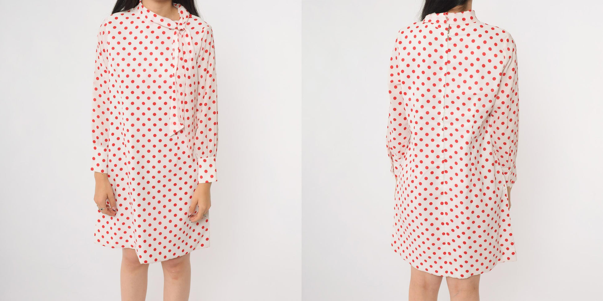 60s Mod Polka Dot Mini Dress Ascot Bow Tie Long Sleeve White Red Medium M