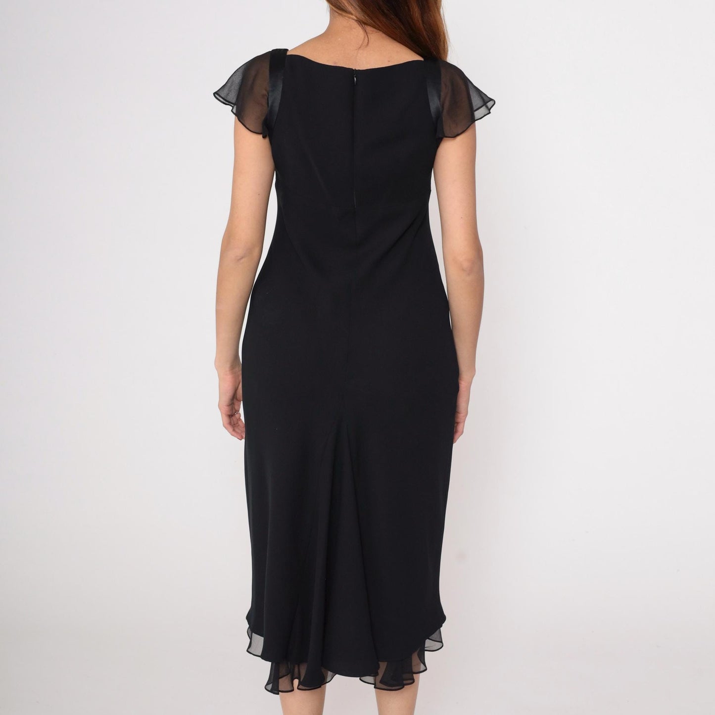 90s Jones Wear Black Chiffon Midi Dress Flutter Sleeve V-Neck Medium