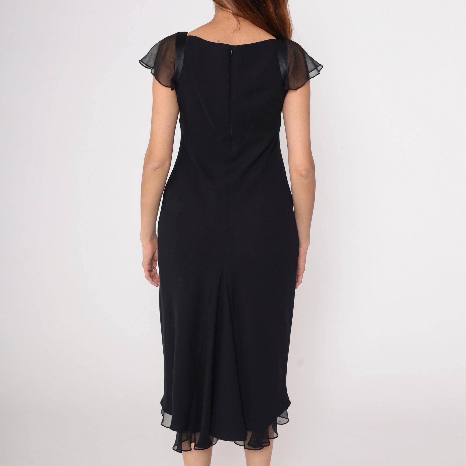 90s Jones Wear Black Chiffon Midi Dress Flutter Sleeve V-Neck Medium