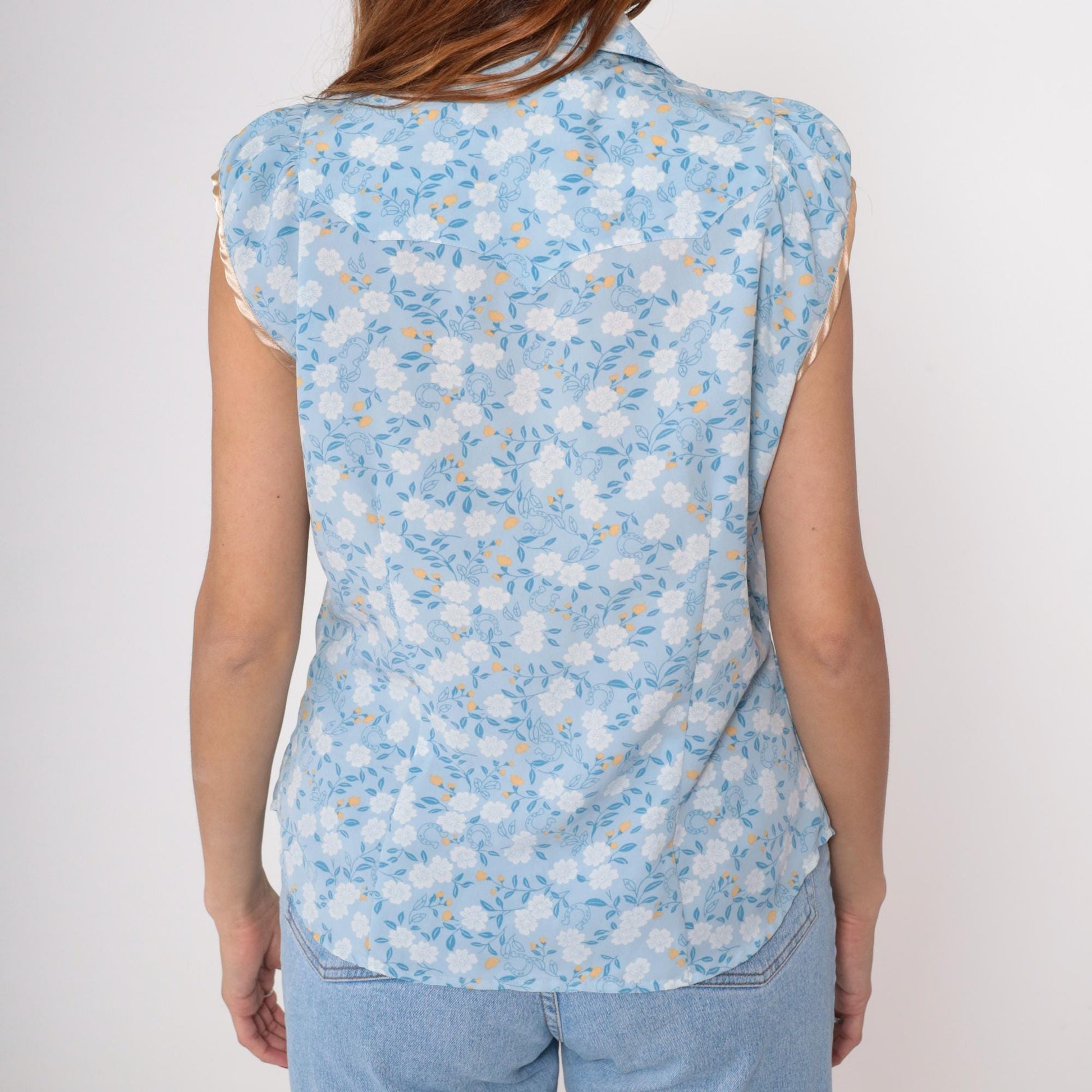 Y2K Shyanne Western Sleeveless Blouse Blue Floral Pearl Snap Large L