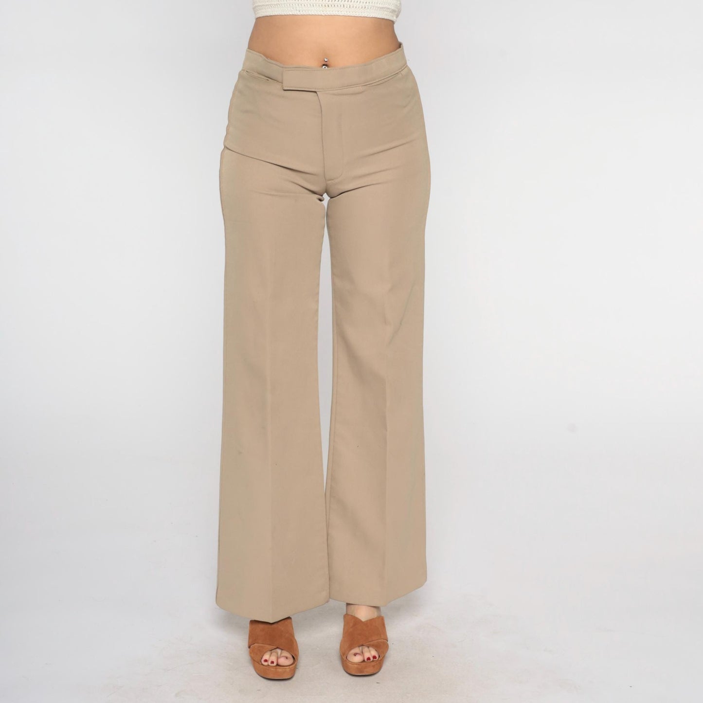 70s Tan Straight Leg Pants Low Rise Vintage Trousers Medium