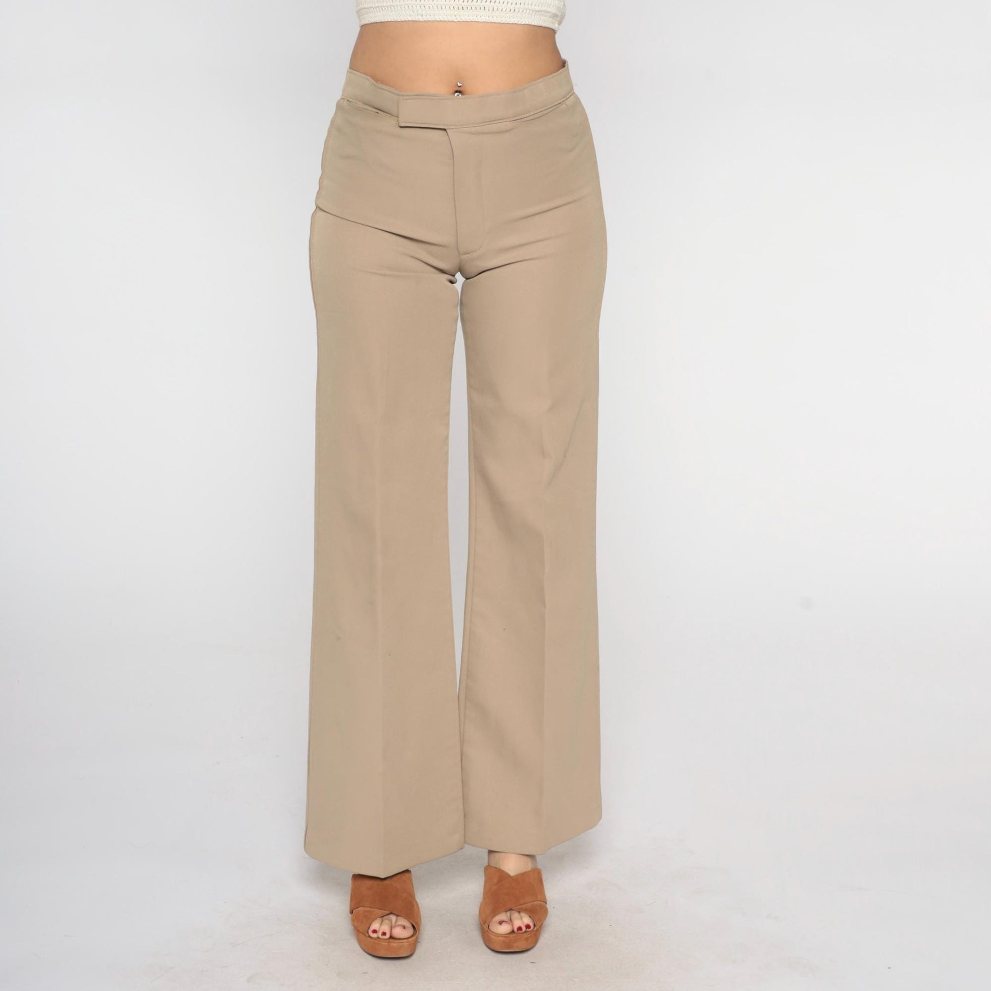70s Tan Straight Leg Pants Low Rise Vintage Trousers Medium
