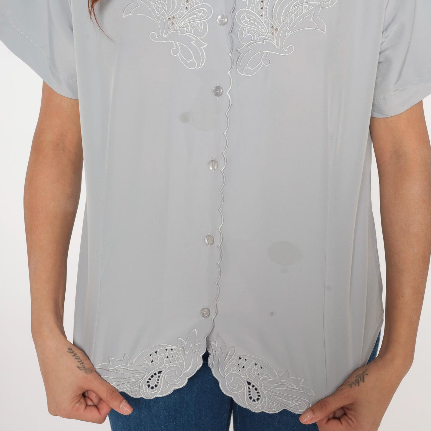 Y2K Anthony Richards Grey Embroidered Blouse Cutwork Paisley Scalloped Hem Medium