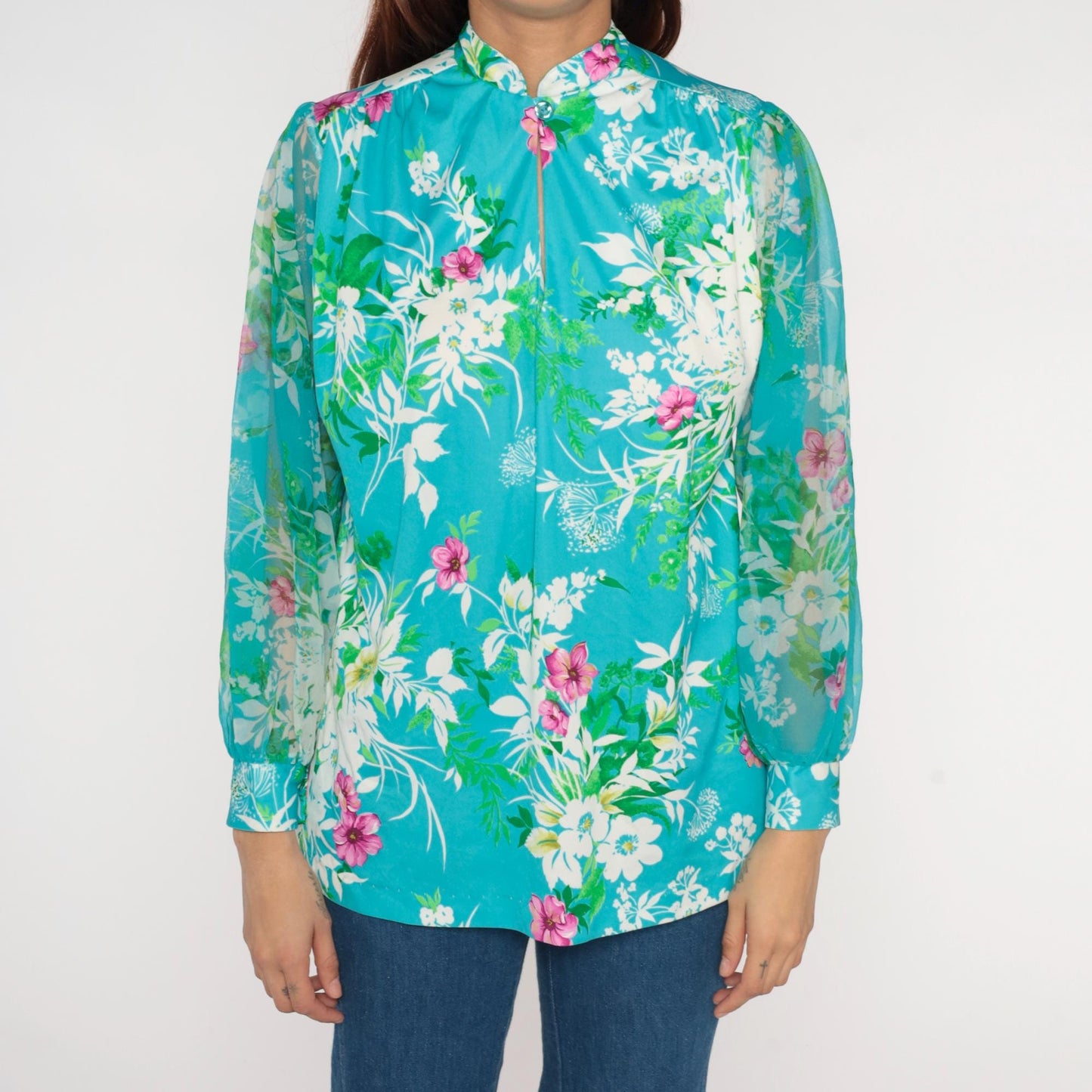 70s Hawaiian Turquoise Floral Blouse Long Sleeve Button Front Medium M