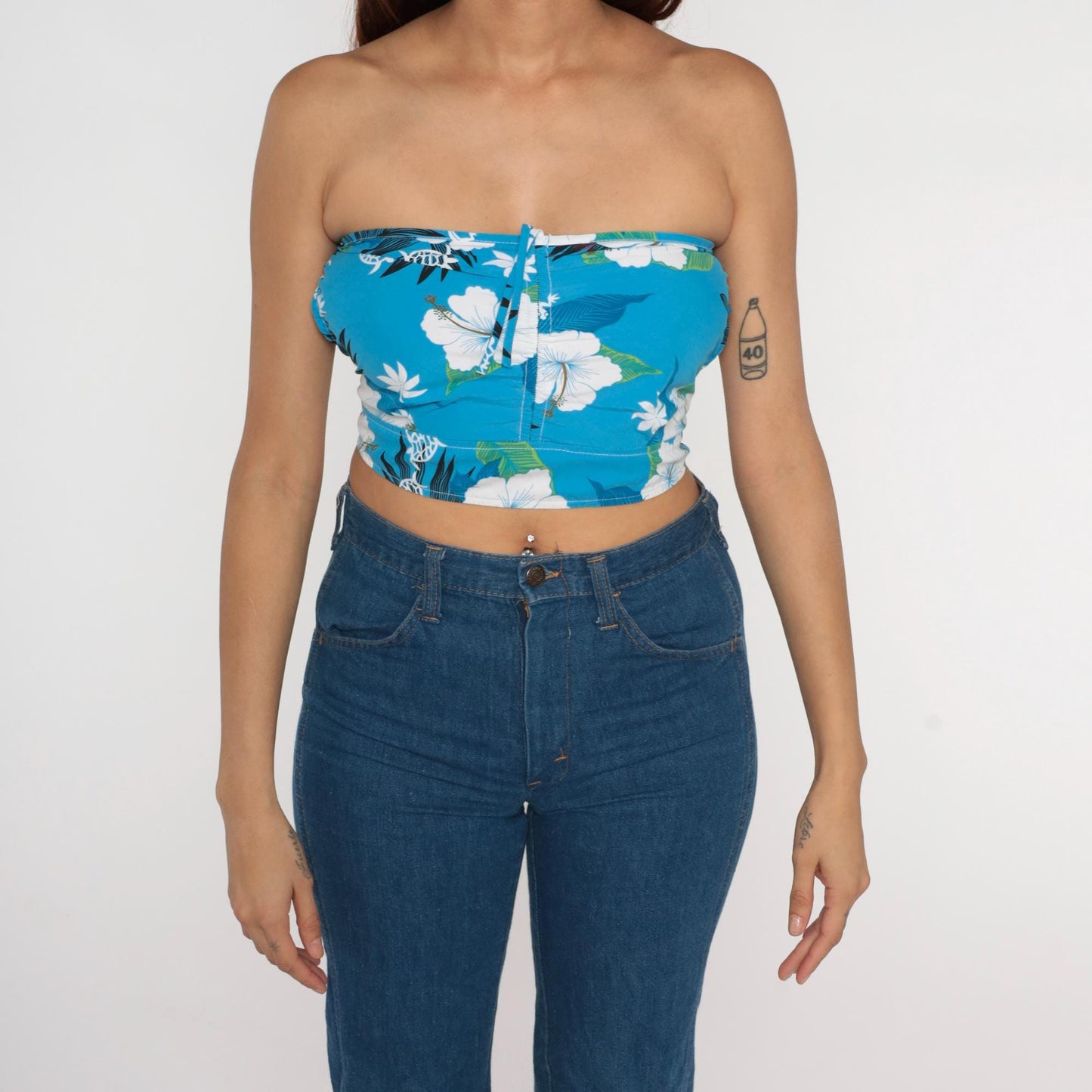 Y2K Blue Hawaiian Hibiscus Cotton Bandeau Crop Top Strapless Tie Back Small