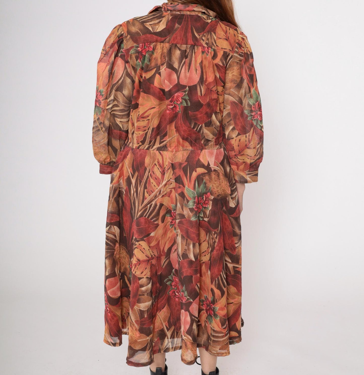 80s Brown Tropical Leaf Midi Dress Button Down Long Sleeve Medium