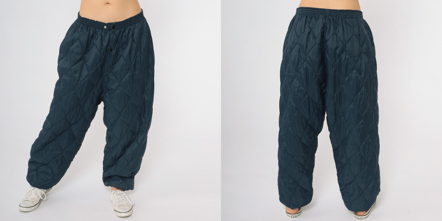 80s Navy Quilted Pants Diamond Pattern Elastic Waist Baggy Extra Large XL