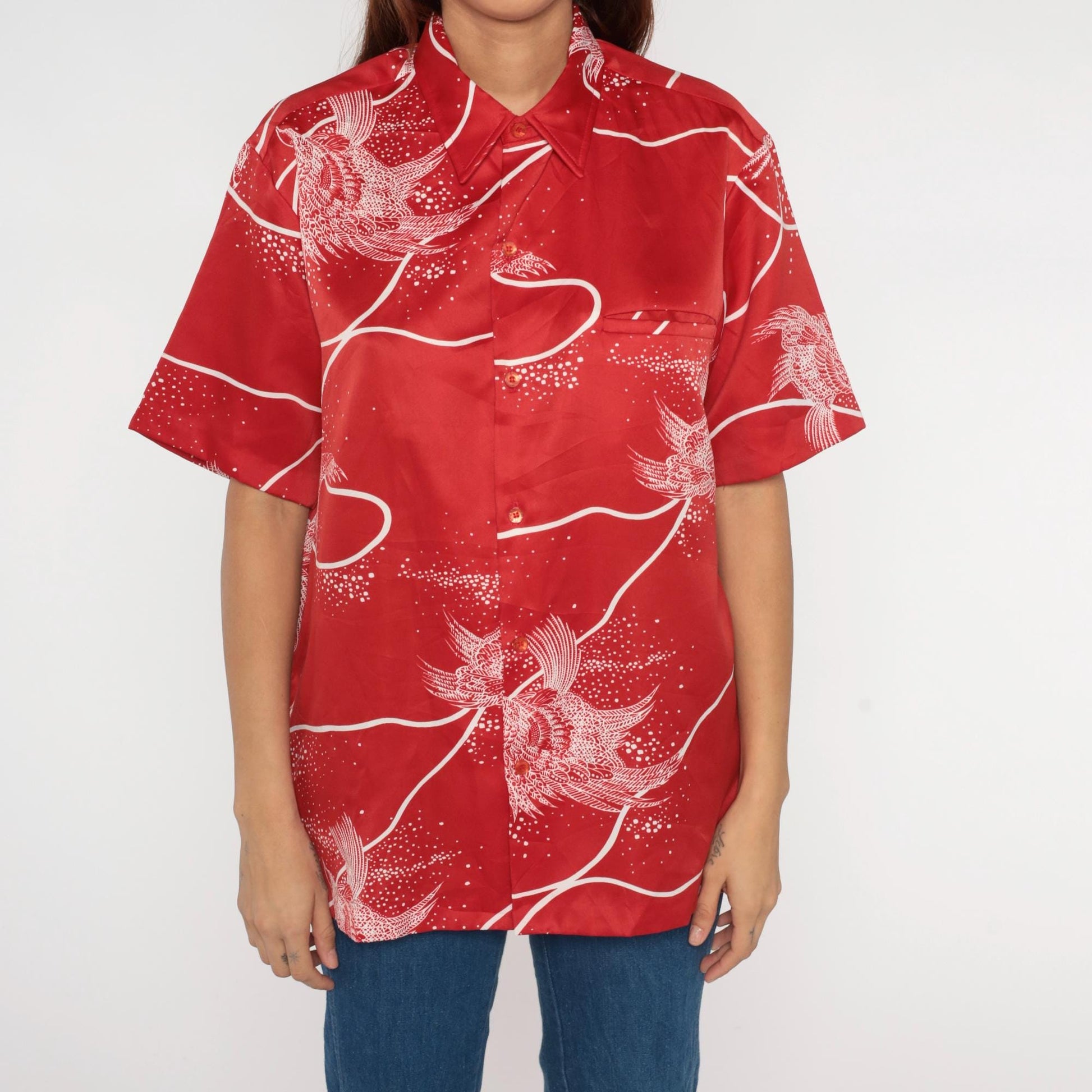 70s Tori Richard Red Koi Fish Hawaiian Shirt Button Front Large L