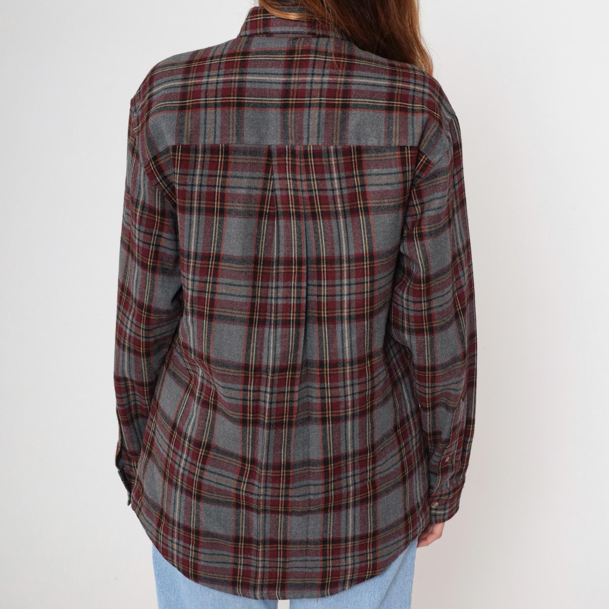 90s Outdoor Exchange Flannel Shirt Grey Red Plaid Button-Up Small S