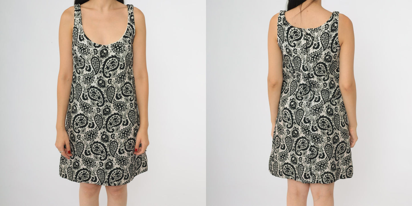60s Paisley Mini Dress Black White Mod Tank A-Line Small