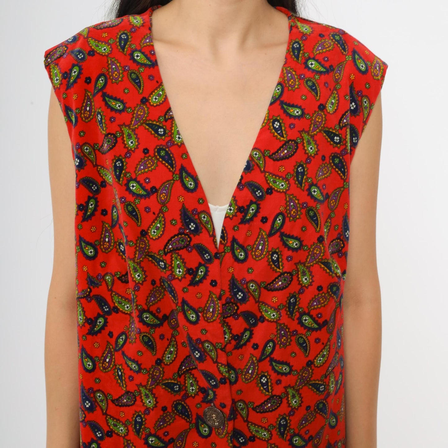 60s Red Paisley Mini Dress Deep V Sleeveless A-Line Shift Extra Large