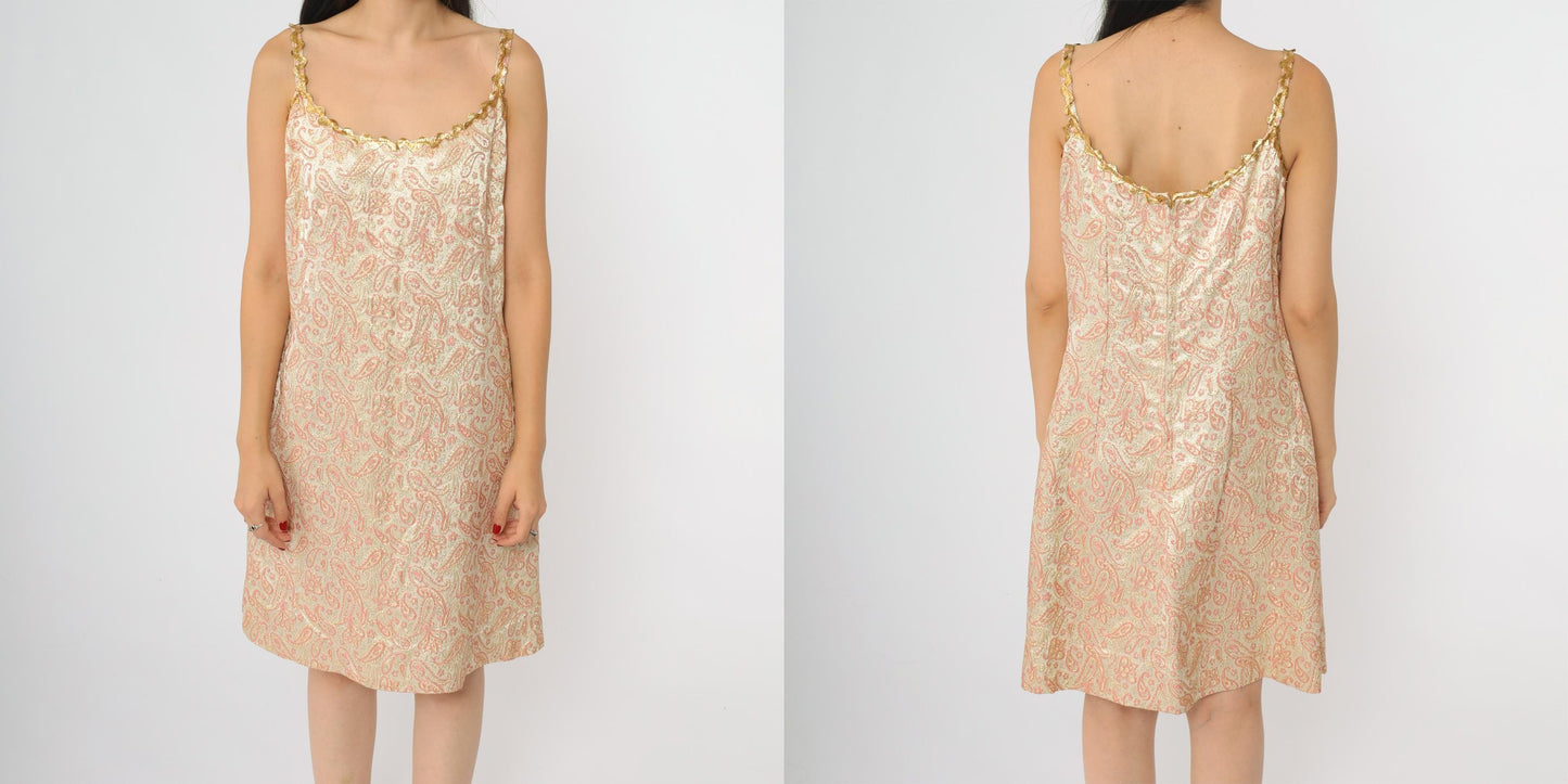 60s Paisley Slip Dress Pink Gold Metallic Mini A-Line Mod Large L