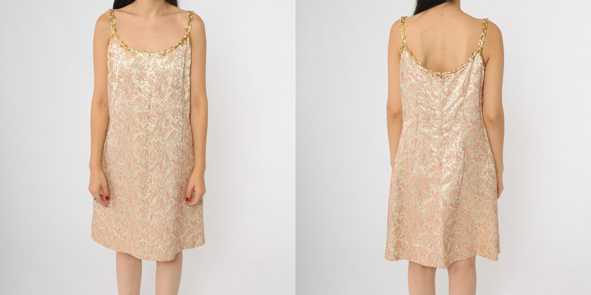 60s Paisley Slip Dress Pink Gold Metallic Mini A-Line Mod Large L