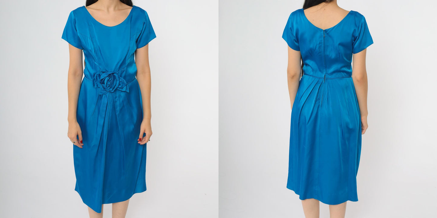 60s Royal Blue Cocktail Dress Rose Belt A-Line Scoop Neck Large L