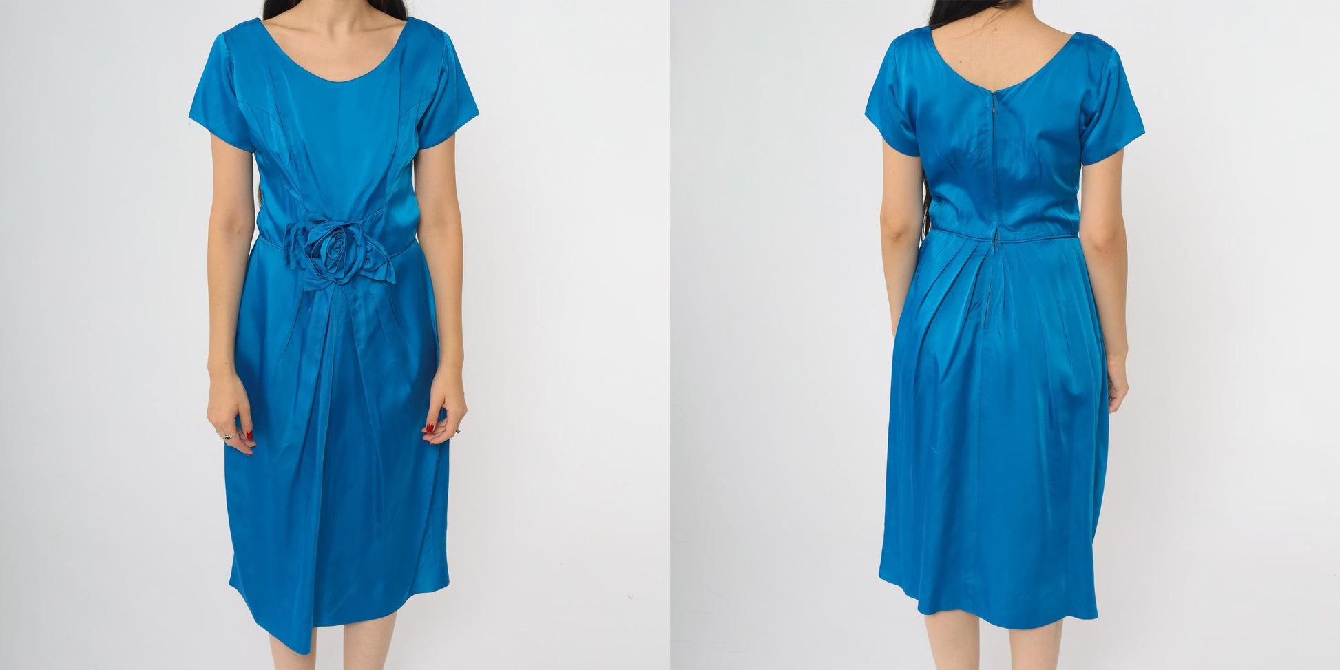 60s Royal Blue Cocktail Dress Rose Belt A-Line Scoop Neck Large L