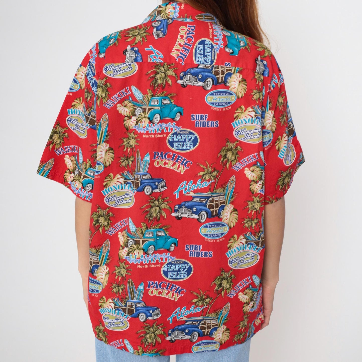 90s Howie Red Hawaiian Shirt Woodie Car Surf Print Aloha Mens Large L