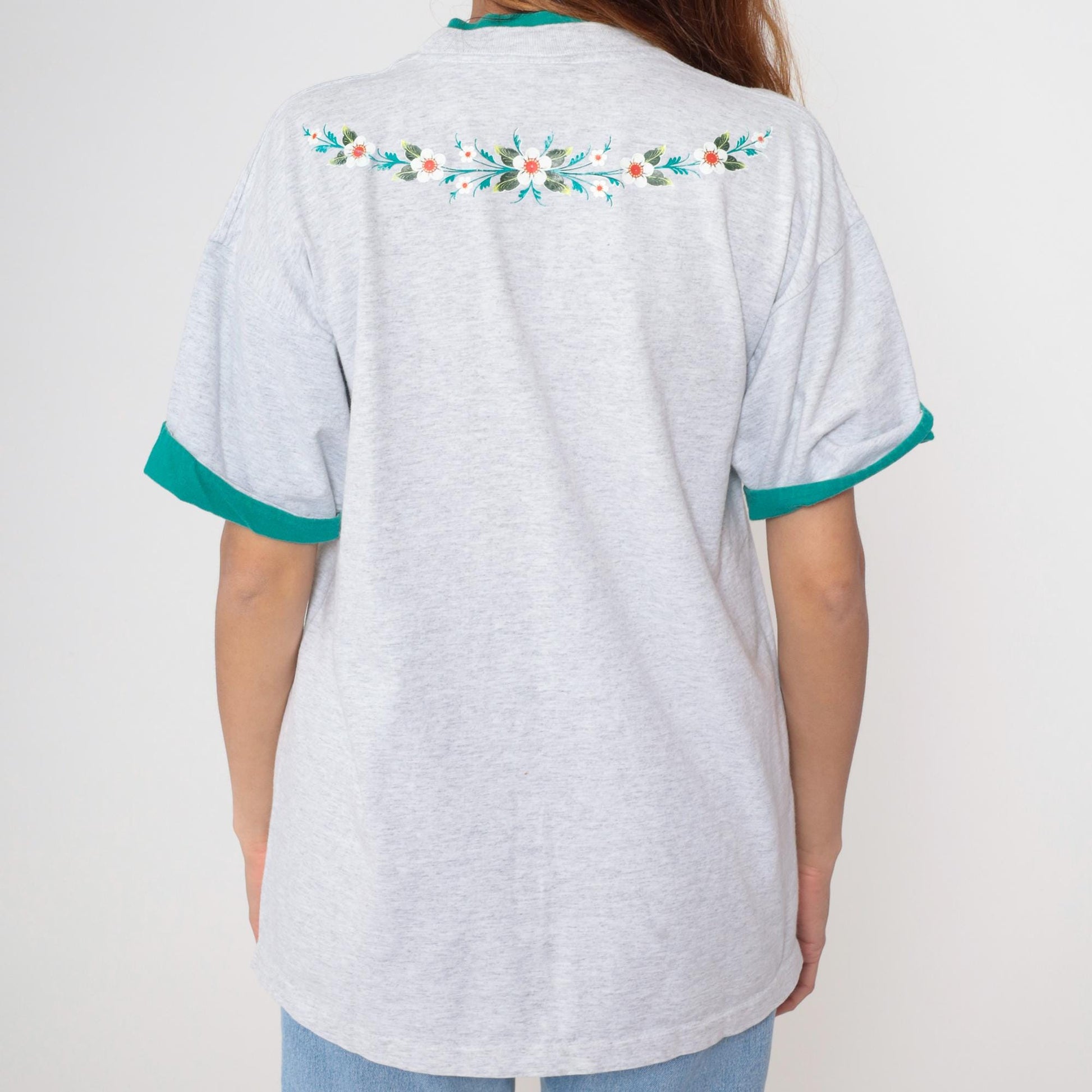 90s Floral Graphic T-Shirt Grey Cotton Folk Art Flowers Green Trim Large L