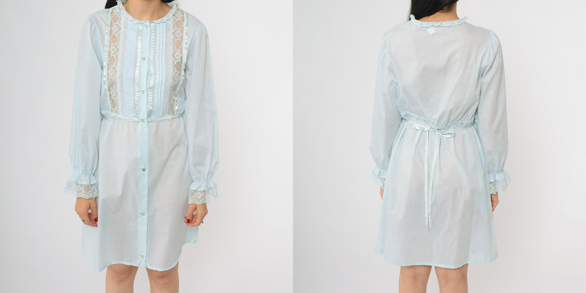 70s Powder Blue Babydoll Dress Lace Trim Puffy Sleeve Empire Waist Medium