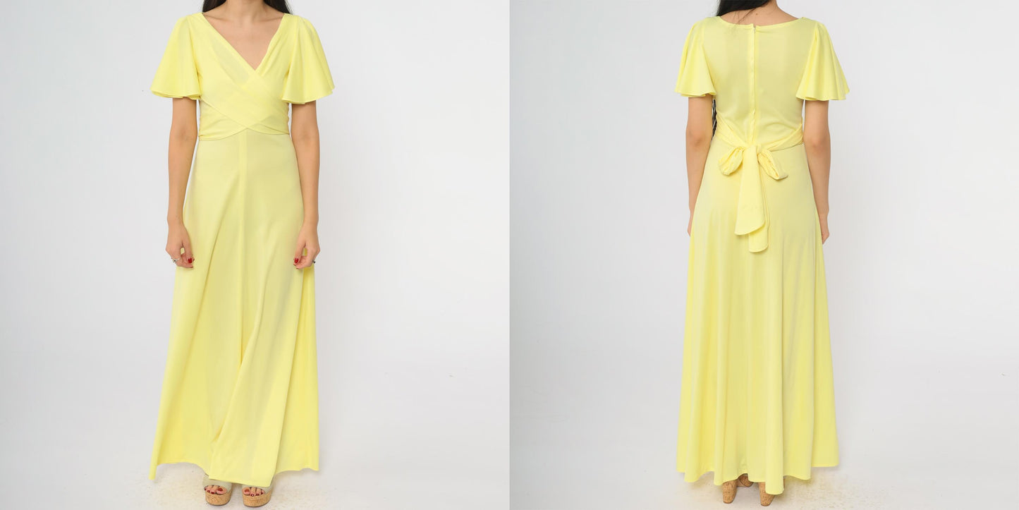 70s Yellow Maxi Wrap Dress Flutter Sleeves V-Neck Tie Waist Small