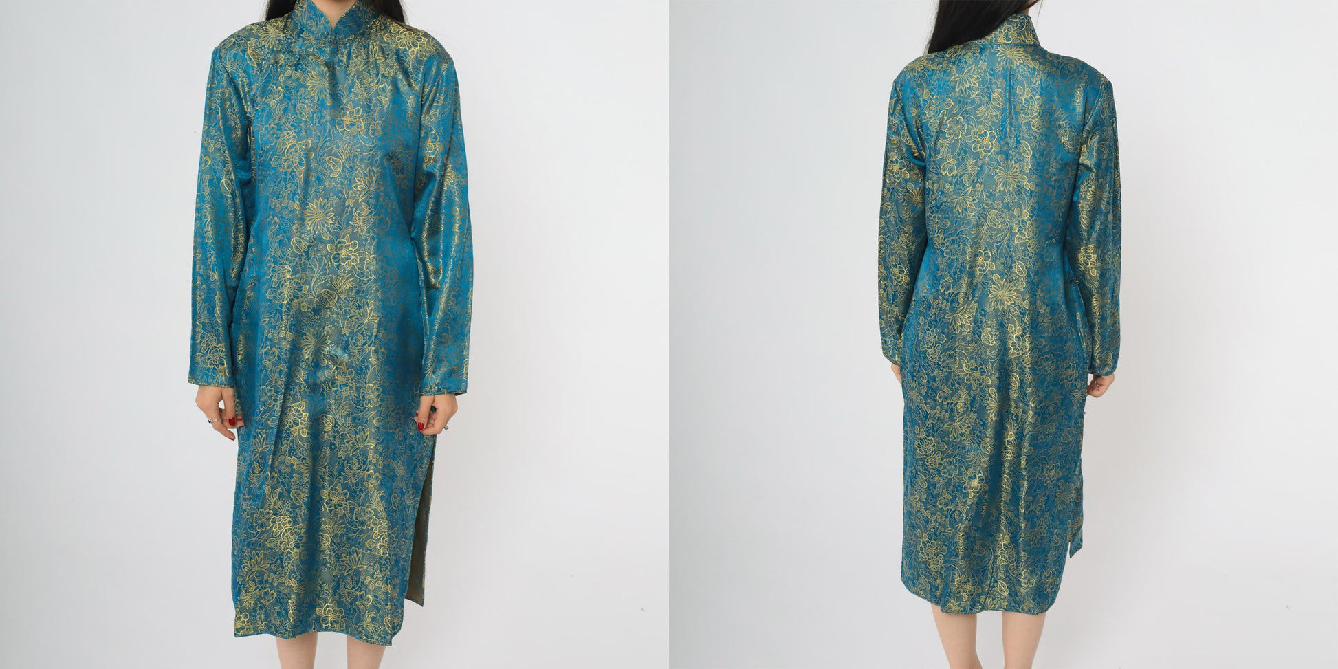 90s Teal Cheongsam Dress Gold Floral Brocade Midi Mandarin Collar Medium M