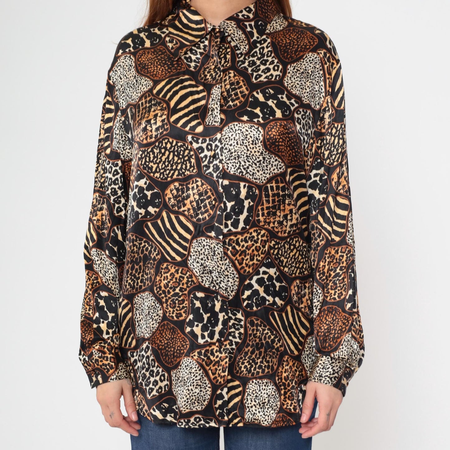Y2K Jessica Holbrook Silk Blouse Animal Print Button Down Medium M